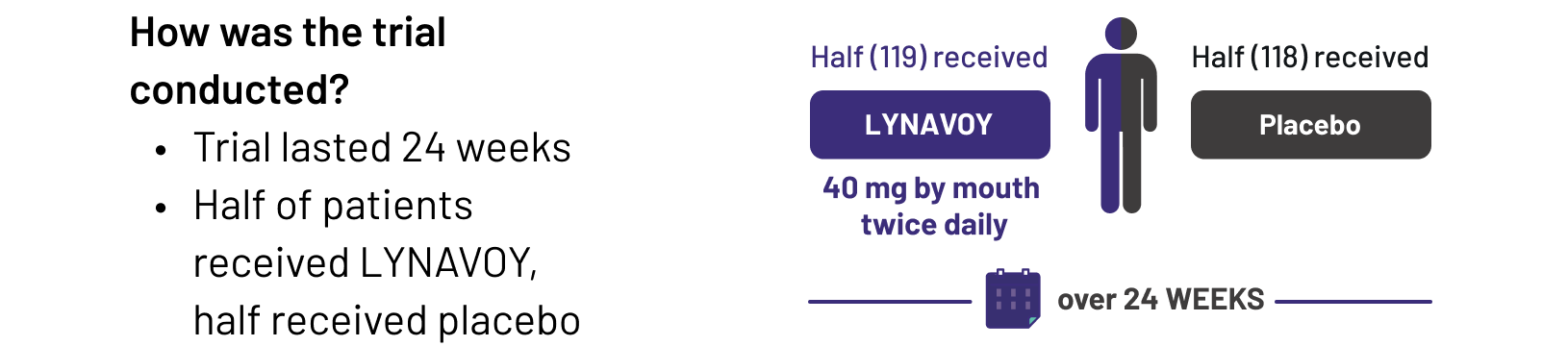 How was the trial conducted? Trial lasted 24 weeks. Half of patients received LYNAVOY, half received placebo.